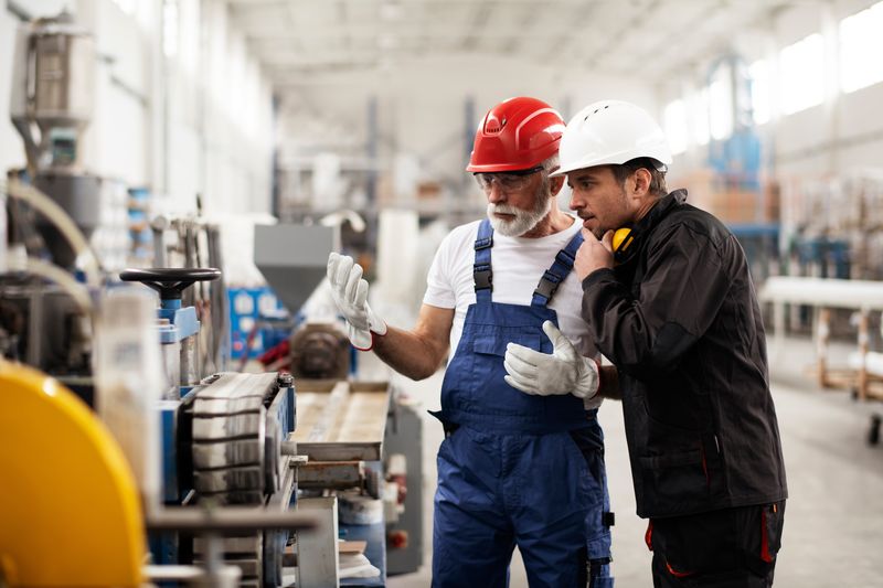 Colleagues with helmets working in factory