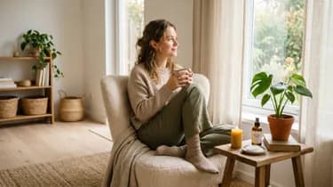 A woman sits in a cozy chair, holding a mug, looking out the window in a warmly decorated living room with a plant and candle on a small table.