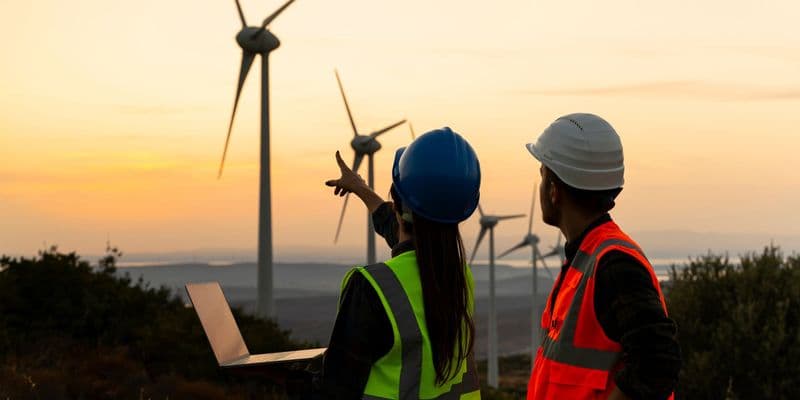 Cover image for Eurofound's European Working Conditions Survey 2024 overview report. Two workers in safety gear stand at sunset, examining wind turbines. One holds a laptop, and the other points towards the turbines.