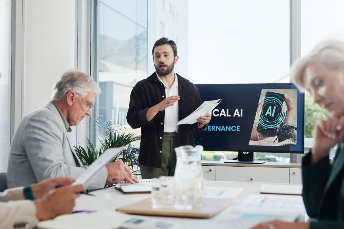 Man explaining artificial intelligence in a meeting with three other colleagues