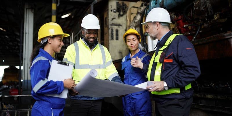 Engineers in discussion in machine maintenance in factory. Group of Industrial Engineers with Blueprint against trains and machineries industry background.