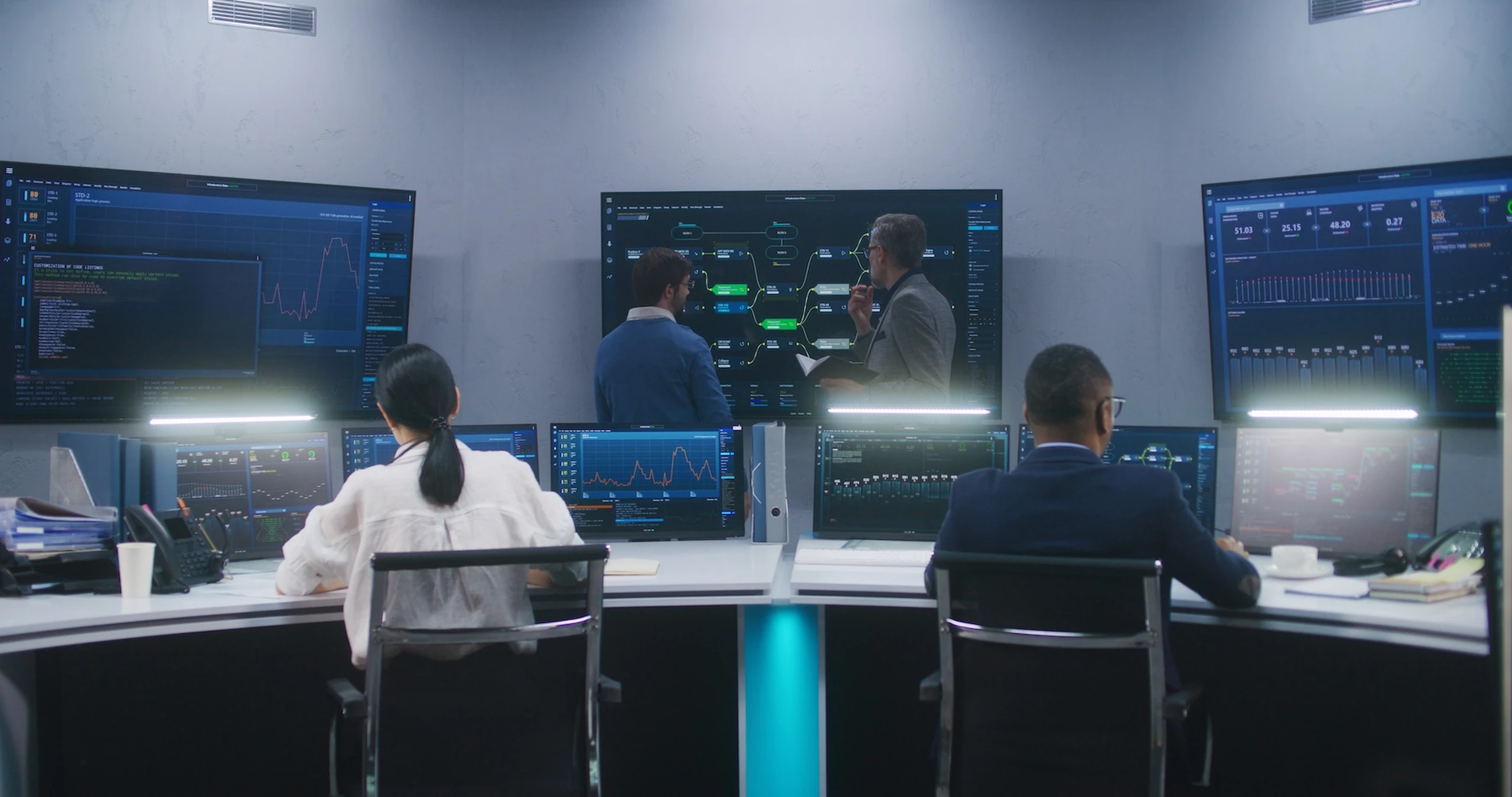 People working in a control room with multiple computer screens displaying data charts and graphs. Two individuals stand discussing by a large screen.