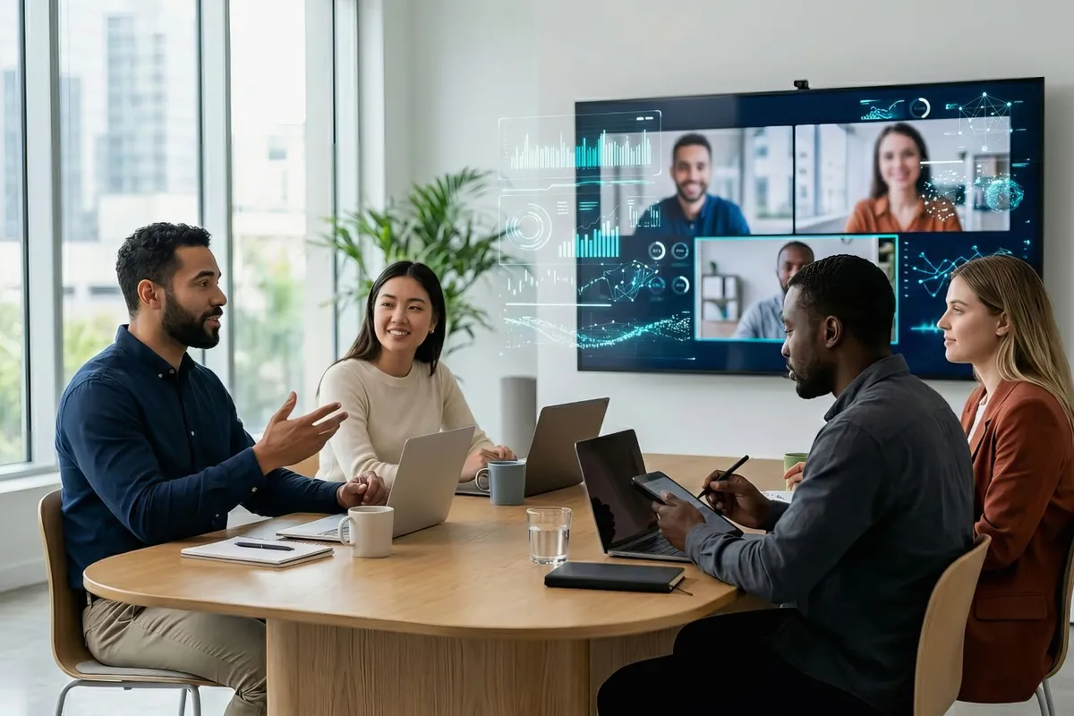 Four people in a meeting room with laptops, discussing while a video conference call is displayed on a large screen in the background.