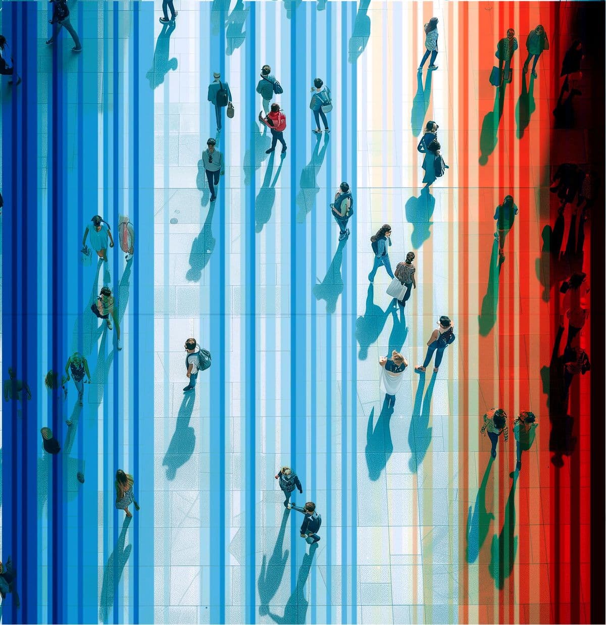 Aerial view of people walking with an overlay of a blue to red gradient colouring