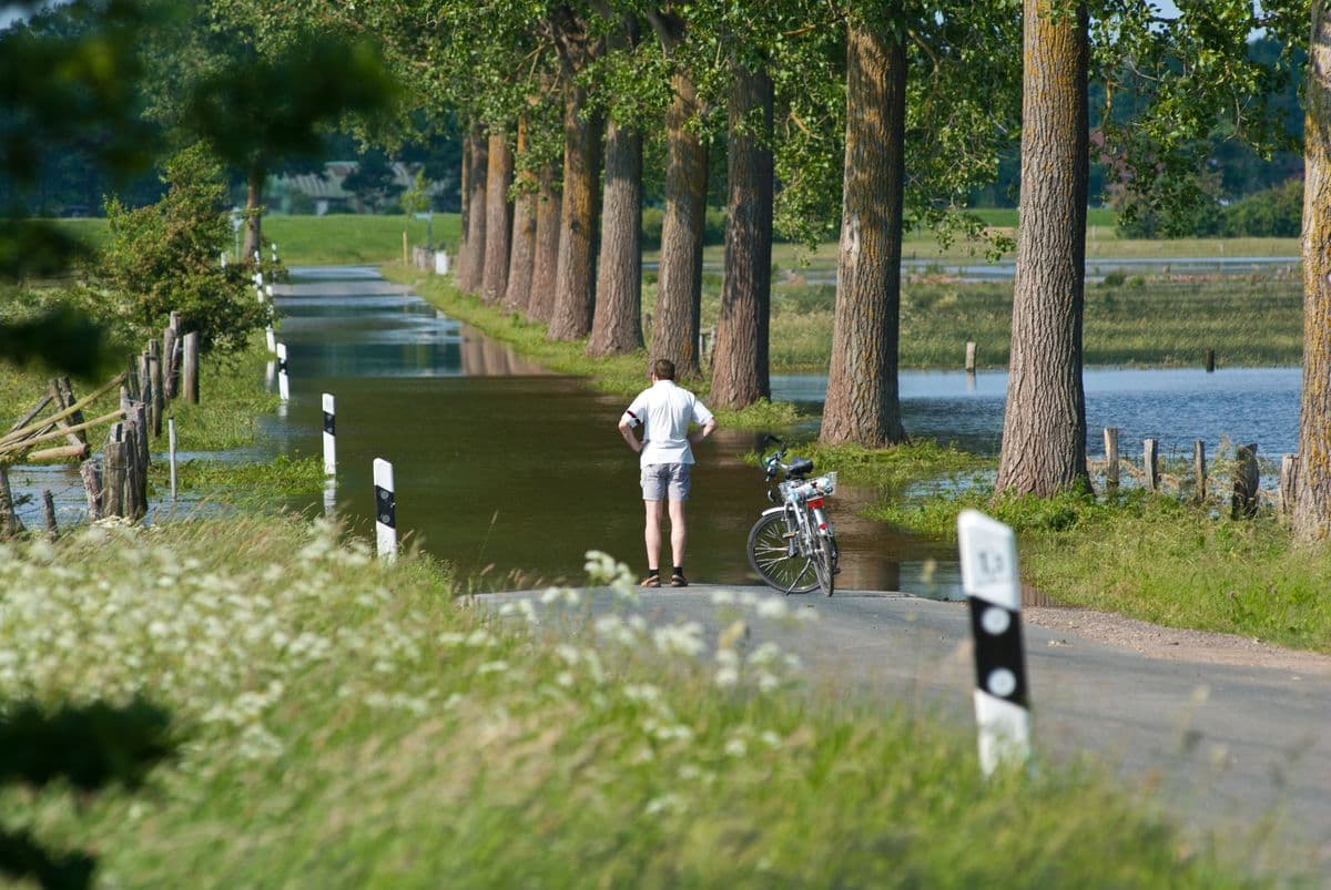 Man stands beside his bicycle in front of flooded road during high water